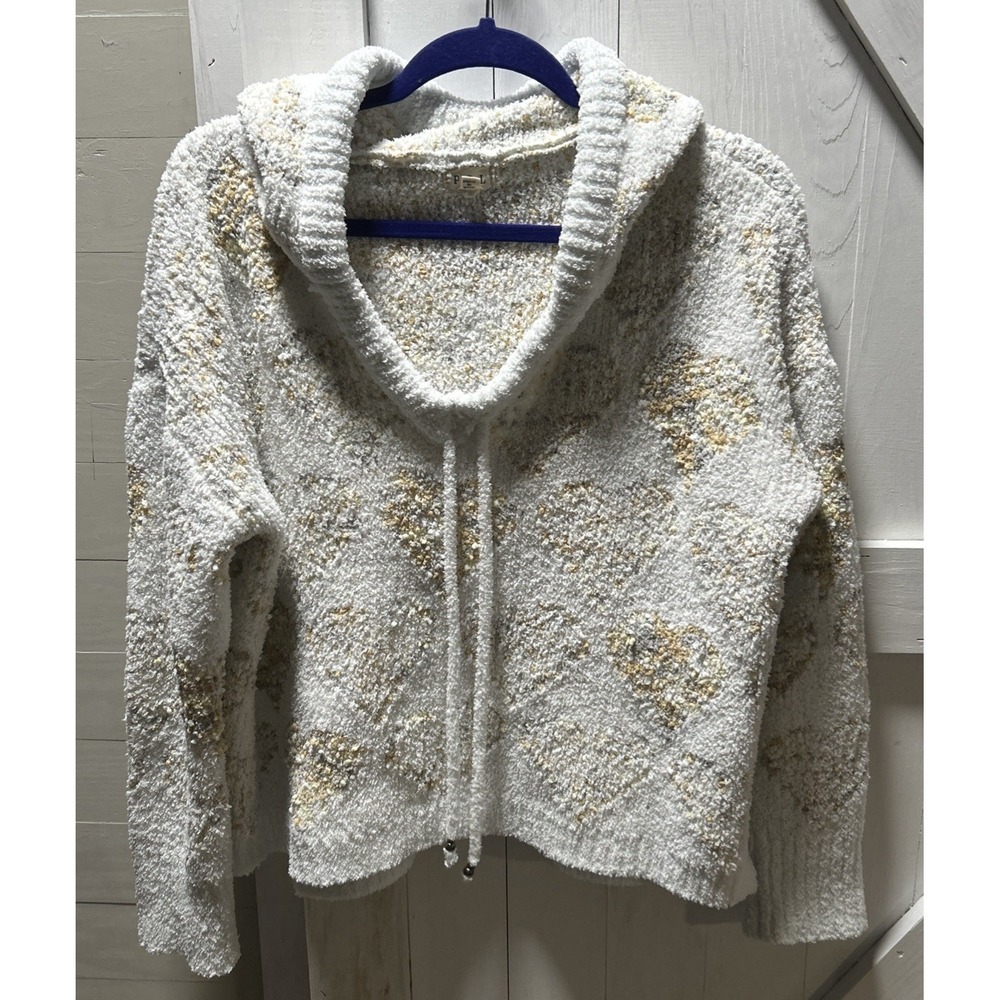 POL White Knit Cropped Hoodie Sweater Sz. S Velvet Drawstring Boho Relaxed Comfy